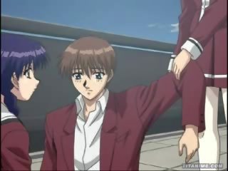 Hentai anime classmates trio in school-