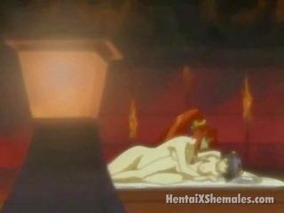 Slutty animen sheboys slick deras tongues och tillverkning kärlek i sovrum